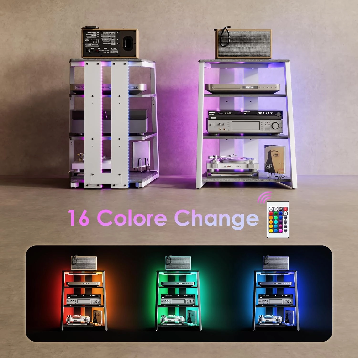 FITUEYES Design 4-Tier AV Media Stand with LED Lights, Wooden Stereo Cabinet, Audio Rack Tower with Adjustable Shelves, Small AV Component Entertainment Stand, Gray