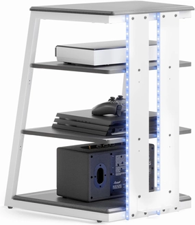FITUEYES Design 4-Tier AV Media Stand with LED Lights, Wooden Stereo Cabinet, Audio Rack Tower with Adjustable Shelves, Small AV Component Entertainment Stand, Gray audio rack,hi-fi component stand,media shelf,