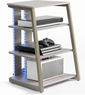 FITUEYES Design 4-Tier AV Media Stand with LED Lights, Wooden Stereo Cabinet, Audio Rack Tower with Adjustable Shelves, Small AV Component Entertainment Stand, Khaki audio rack,hi-fi component stand,media shelf,