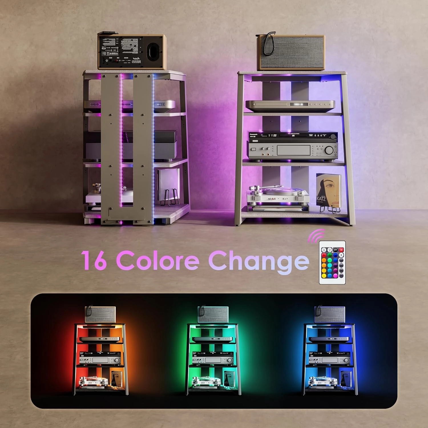 FITUEYES Design 4-Tier AV Media Stand with LED Lights, Wooden Stereo Cabinet, Audio Rack Tower with Adjustable Shelves, Small AV Component Entertainment Stand, Khaki
