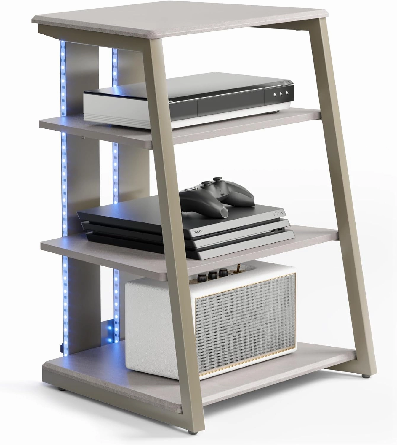 FITUEYES Design 4-Tier AV Media Stand with LED Lights, Wooden Stereo Cabinet, Audio Rack Tower with Adjustable Shelves, Small AV Component Entertainment Stand, Khaki audio rack,hi-fi component stand,media shelf,