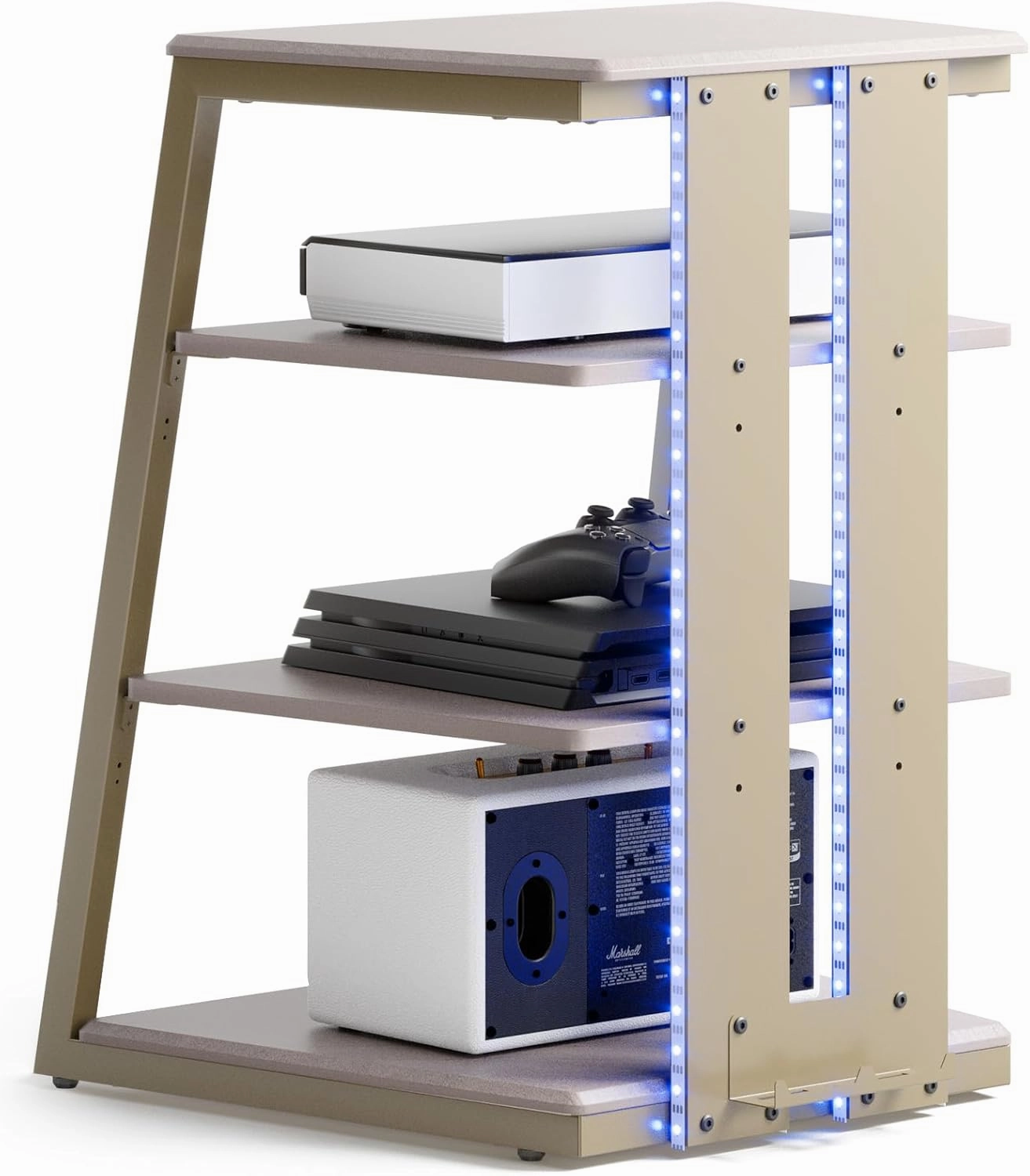 FITUEYES Design 4-Tier AV Media Stand with LED Lights, Wooden Stereo Cabinet, Audio Rack Tower with Adjustable Shelves, Small AV Component Entertainment Stand, Khaki