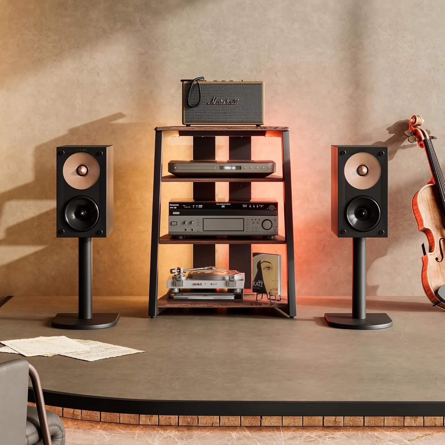 FITUEYES Design 4-Tier AV Media Stand with LED Lights, Wooden Stereo Cabinet, Audio Rack Tower with Adjustable Shelves, Small AV Component Entertainment Stand, Walnut