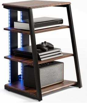 FITUEYES Design 4-Tier AV Media Stand with LED Lights, Wooden Stereo Cabinet, Audio Rack Tower with Adjustable Shelves, Small AV Component Entertainment Stand, Walnut audio rack,hi-fi component stand,media shelf,