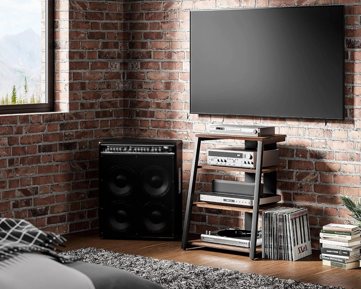 FITUEYES Design 4-Tier AV Media Stand with LED Lights, Wooden Stereo Cabinet, Audio Rack Tower with Adjustable Shelves, Small AV Component Entertainment Stand, Walnut