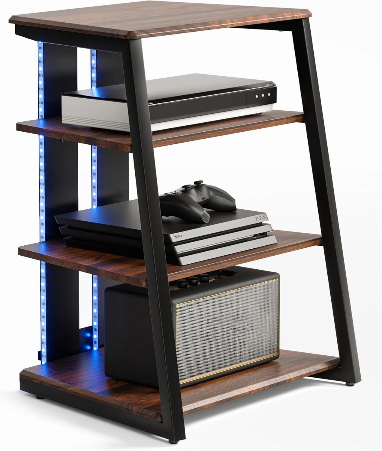 FITUEYES Design 4-Tier AV Media Stand with LED Lights, Wooden Stereo Cabinet, Audio Rack Tower with Adjustable Shelves, Small AV Component Entertainment Stand, Walnut audio rack,hi-fi component stand,media shelf,