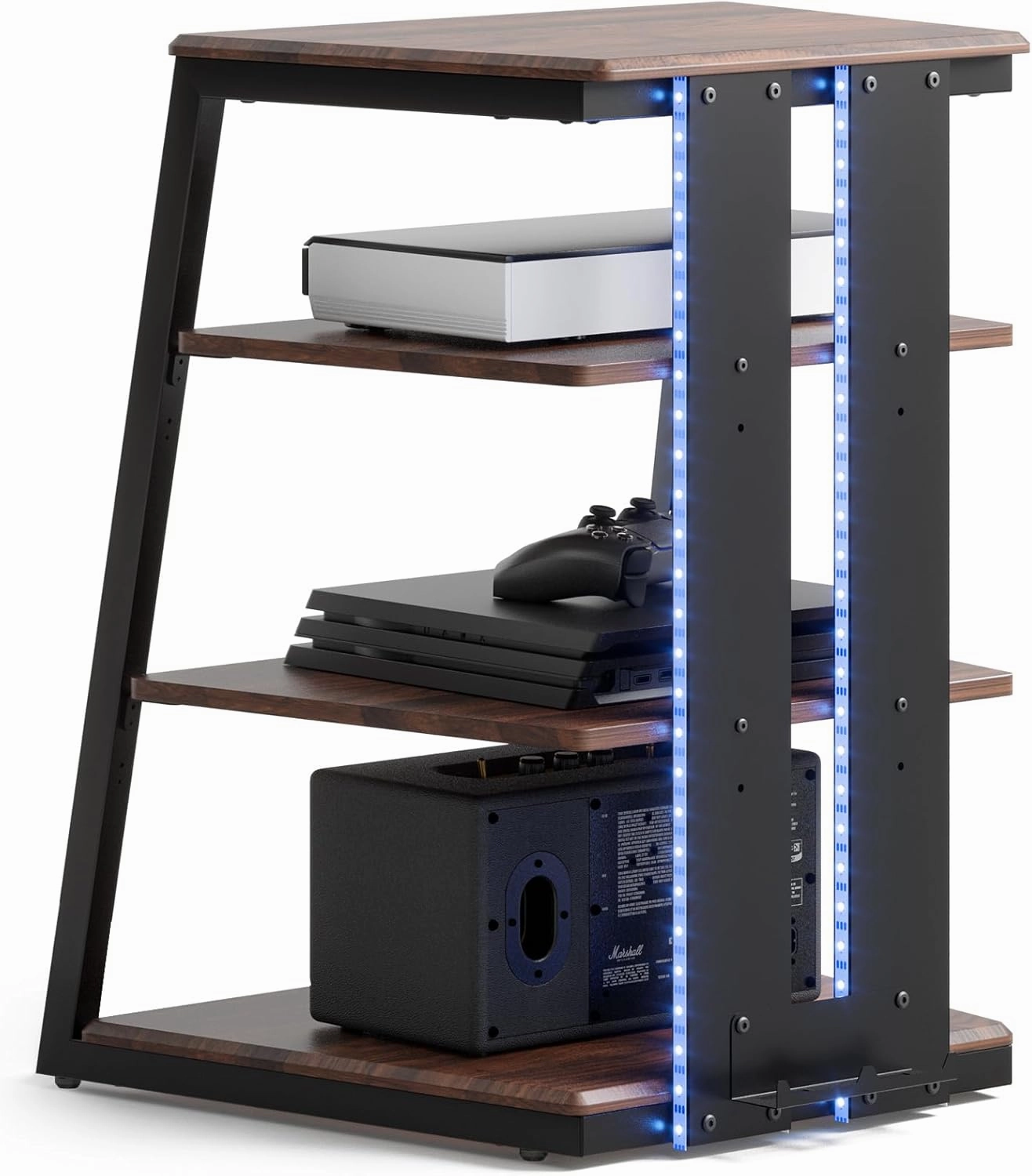 FITUEYES Design 4-Tier AV Media Stand with LED Lights, Wooden Stereo Cabinet, Audio Rack Tower with Adjustable Shelves, Small AV Component Entertainment Stand, Walnut