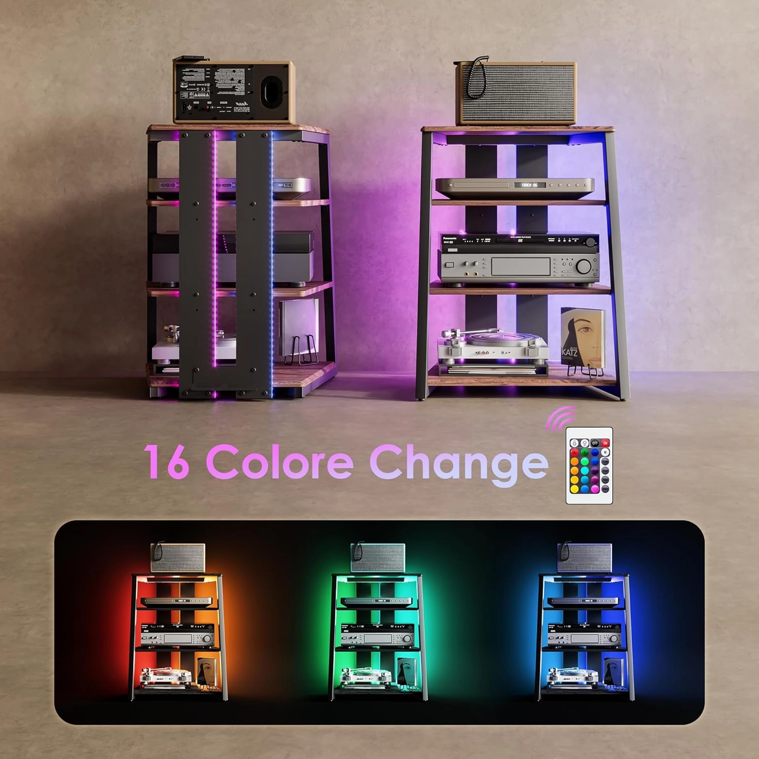 FITUEYES Design 4-Tier AV Media Stand with LED Lights, Wooden Stereo Cabinet, Audio Rack Tower with Adjustable Shelves, Small AV Component Entertainment Stand, Walnut
