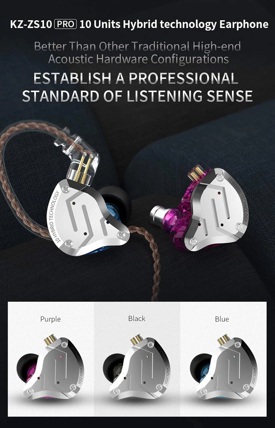 Five Driver Headphones,KZ ZS10 PRO High Fidelity Noise-Isolating Earbuds/Earphones with Detachable Cable 2Pin 0.75mm (Without MIC, Black)
