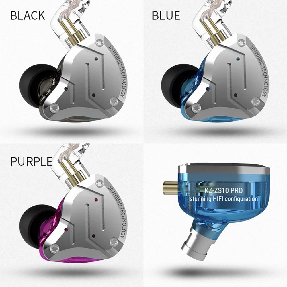 Five Driver Headphones,KZ ZS10 PRO High Fidelity Noise-Isolating Earbuds/Earphones with Detachable Cable 2Pin 0.75mm (Without MIC, Black)