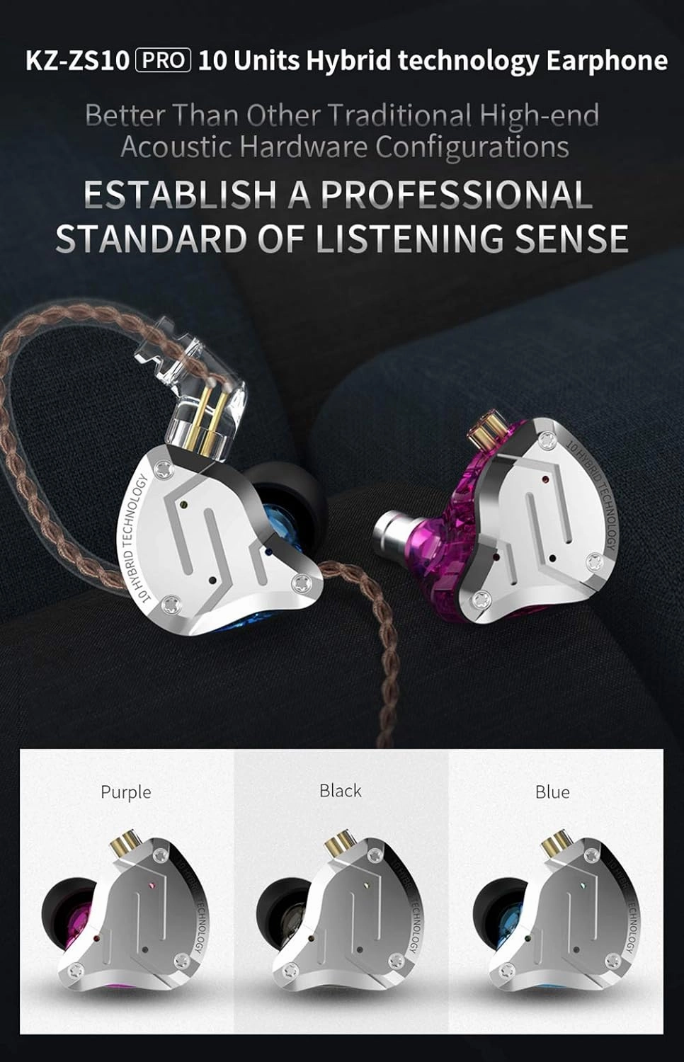Five Driver Headphones,KZ ZS10 PRO High Fidelity Noise-Isolating Earbuds/Earphones with Detachable Cable 2Pin 0.75mm (Without MIC, Blue)