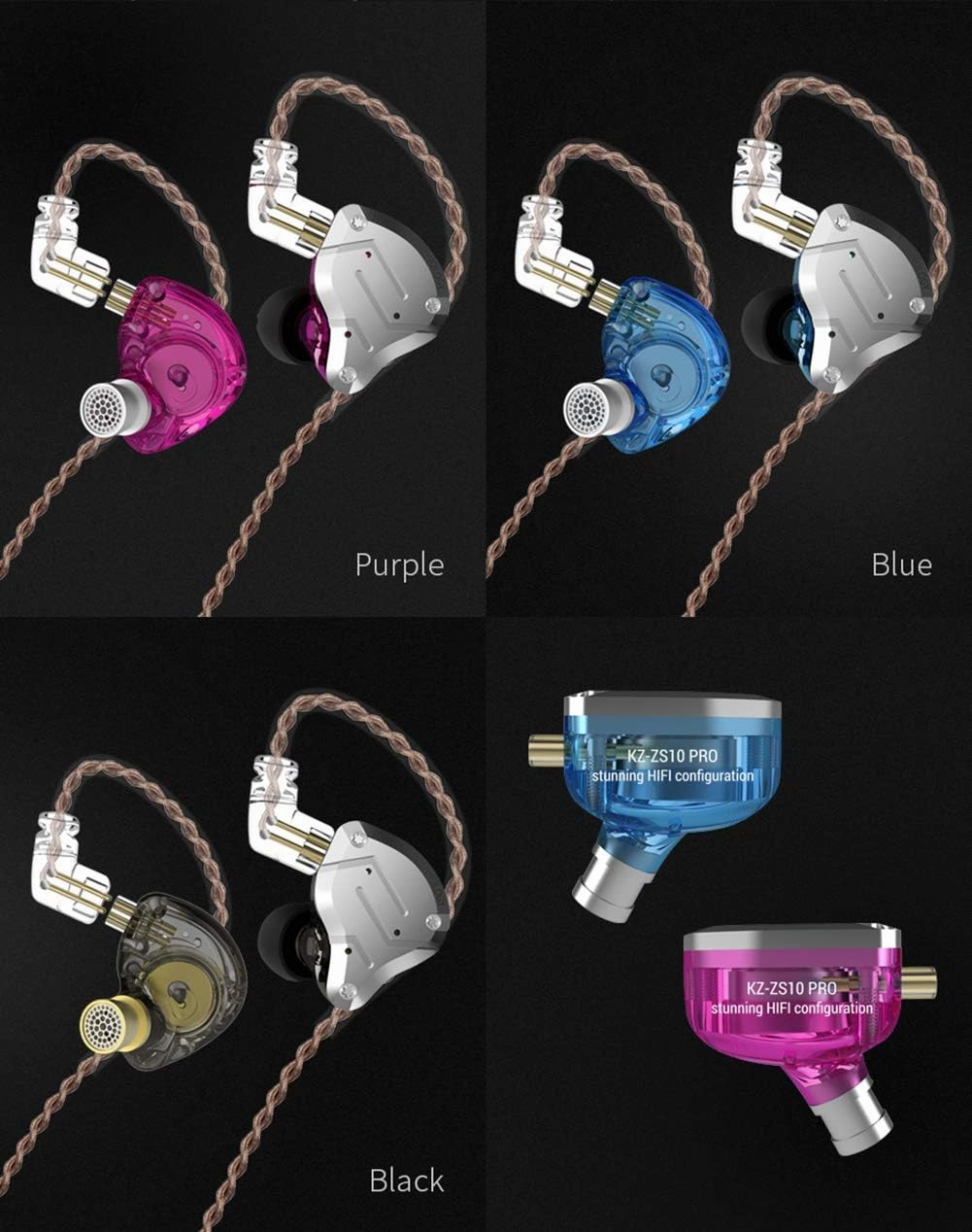 Five Driver Headphones,KZ ZS10 PRO High Fidelity Noise-Isolating Earbuds/Earphones with Detachable Cable 2Pin 0.75mm (Without MIC, Blue)