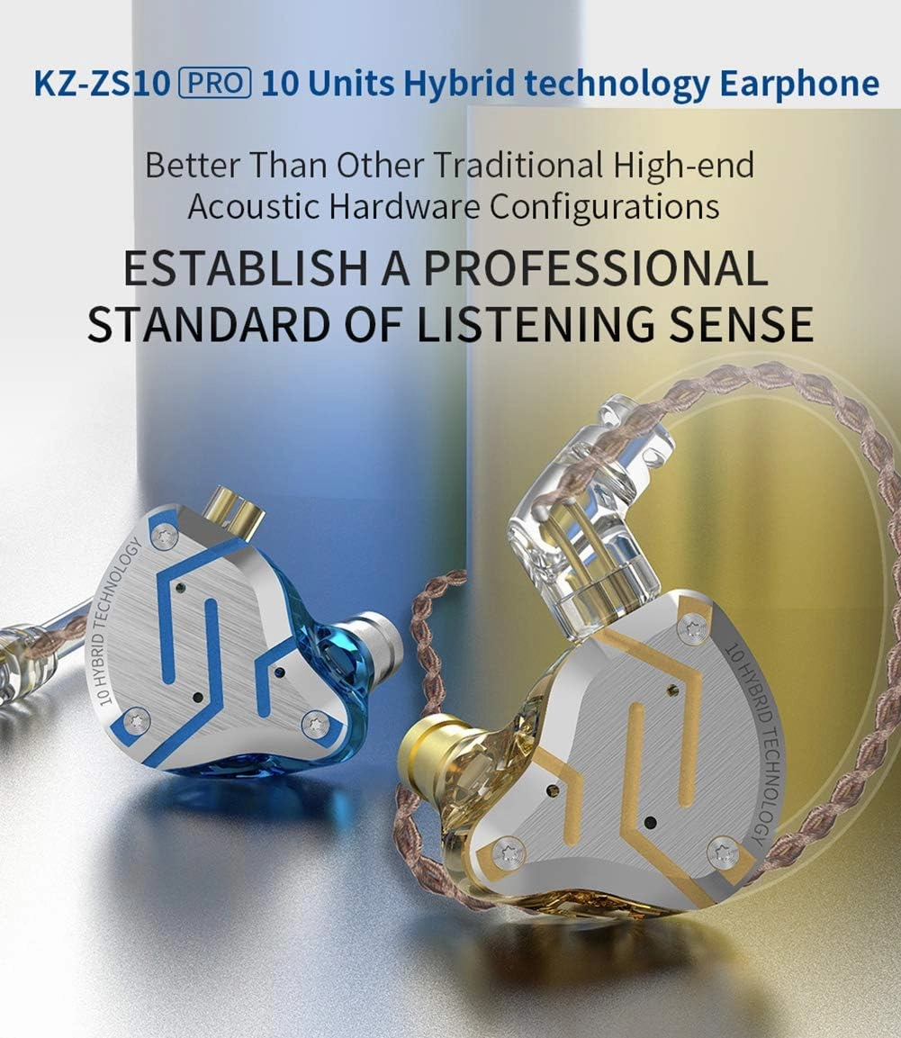 Five Driver Headphones,KZ ZS10 PRO High Fidelity Noise-Isolating Earbuds/Earphones with Detachable Cable 2Pin 0.75mm (Without MIC, Glare Gold)