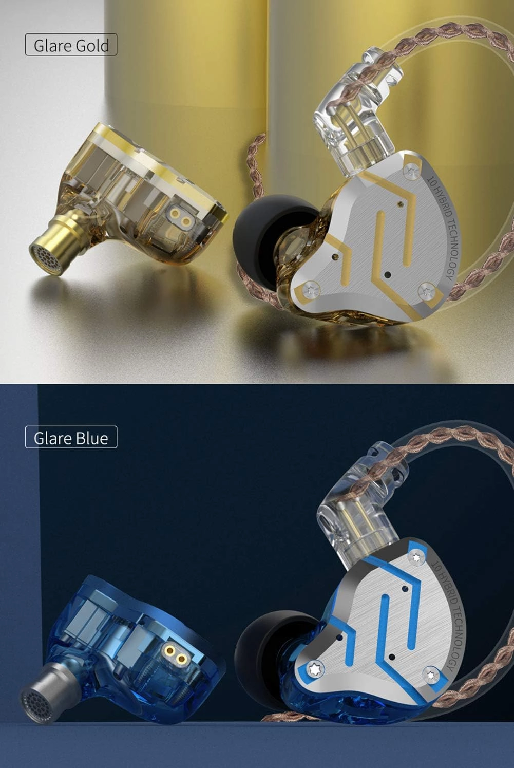 Five Driver Headphones,KZ ZS10 PRO High Fidelity Noise-Isolating Earbuds/Earphones with Detachable Cable 2Pin 0.75mm (Without MIC, Glare Gold)
