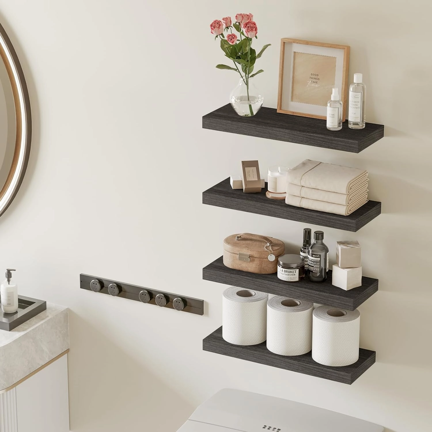 Fixwal 15.8in Floating Shelves, Rustic Wood Finish Wall Shelves Set of 4, Shelves for Wall Decor, with Invisible Brackets for Bathroom, Living Room,Bedroom and Kitchen(Gray)