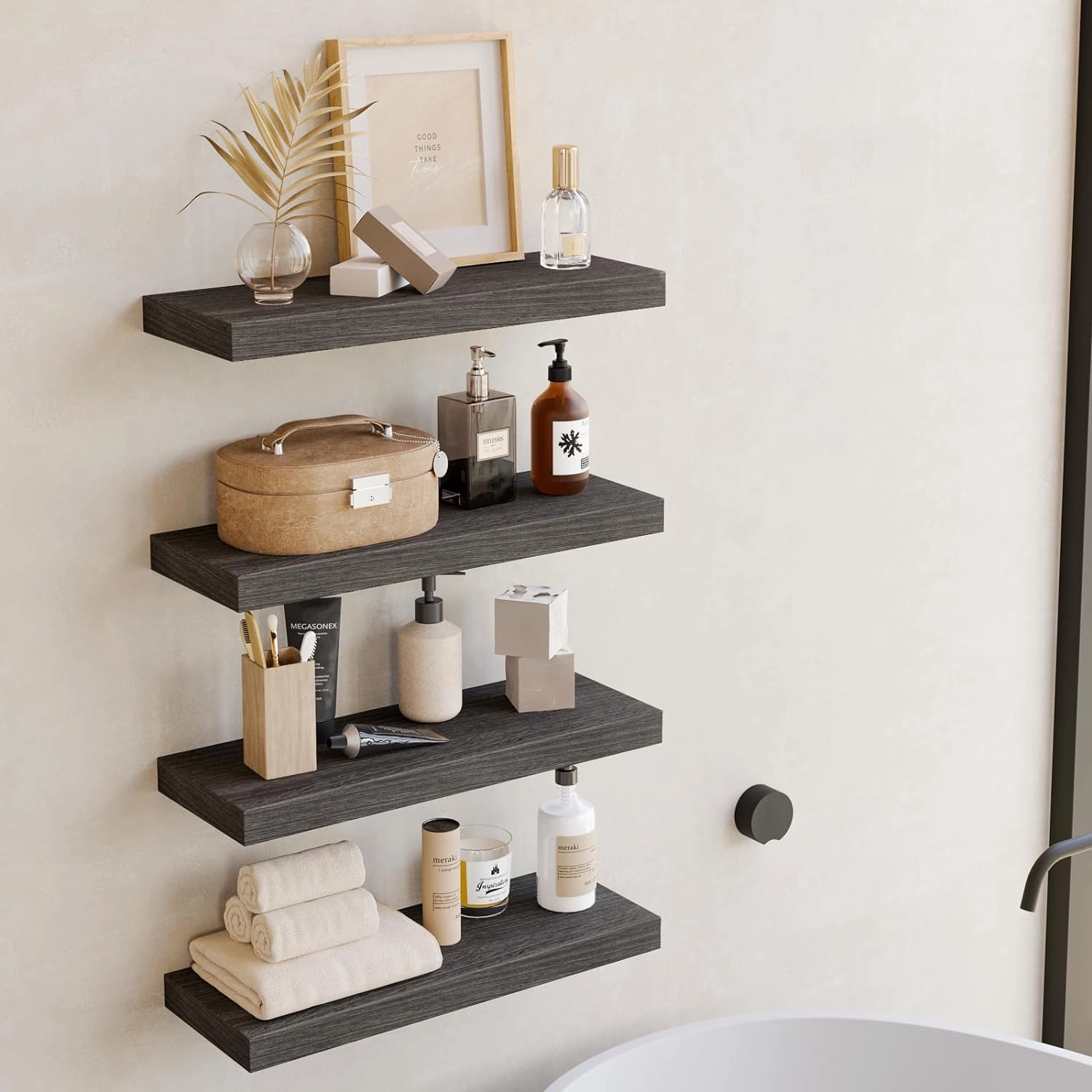 Fixwal 15.8in Floating Shelves, Rustic Wood Finish Wall Shelves Set of 4, Shelves for Wall Decor, with Invisible Brackets for Bathroom, Living Room,Bedroom and Kitchen(Gray)