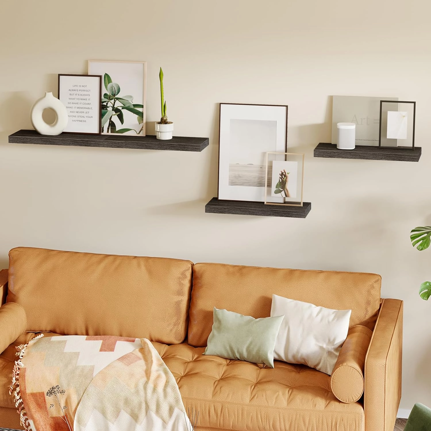 Fixwal 15.8in Floating Shelves, Rustic Wood Finish Wall Shelves Set of 4, Shelves for Wall Decor, with Invisible Brackets for Bathroom, Living Room,Bedroom and Kitchen(Gray)