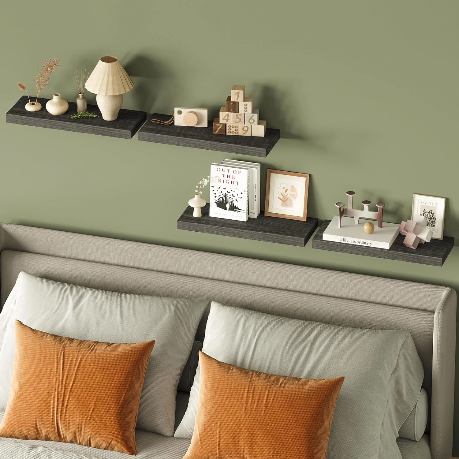 Fixwal 15.8in Floating Shelves, Rustic Wood Finish Wall Shelves Set of 4, Shelves for Wall Decor, with Invisible Brackets for Bathroom, Living Room,Bedroom and Kitchen(Gray)