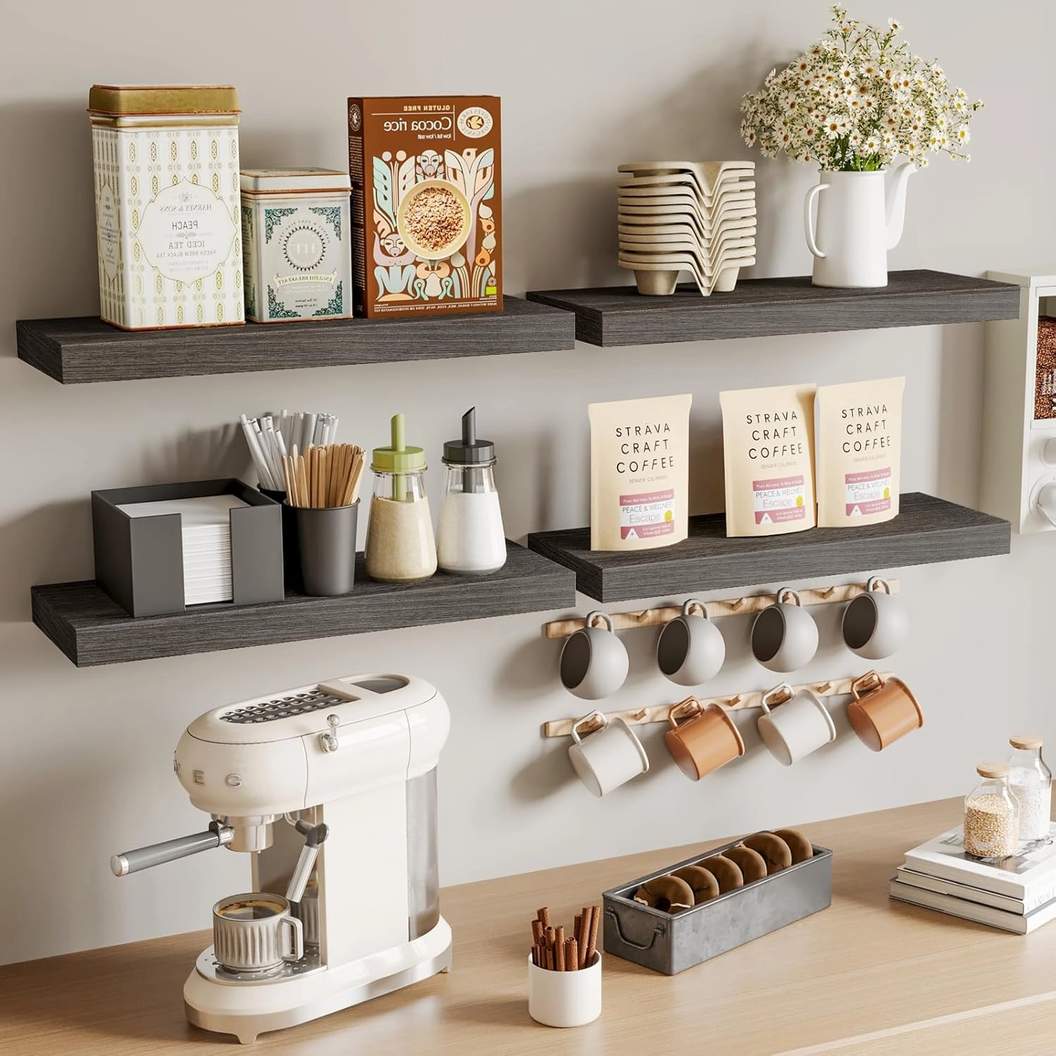Fixwal 15.8in Floating Shelves, Rustic Wood Finish Wall Shelves Set of 4, Shelves for Wall Decor, with Invisible Brackets for Bathroom, Living Room,Bedroom and Kitchen(Gray)