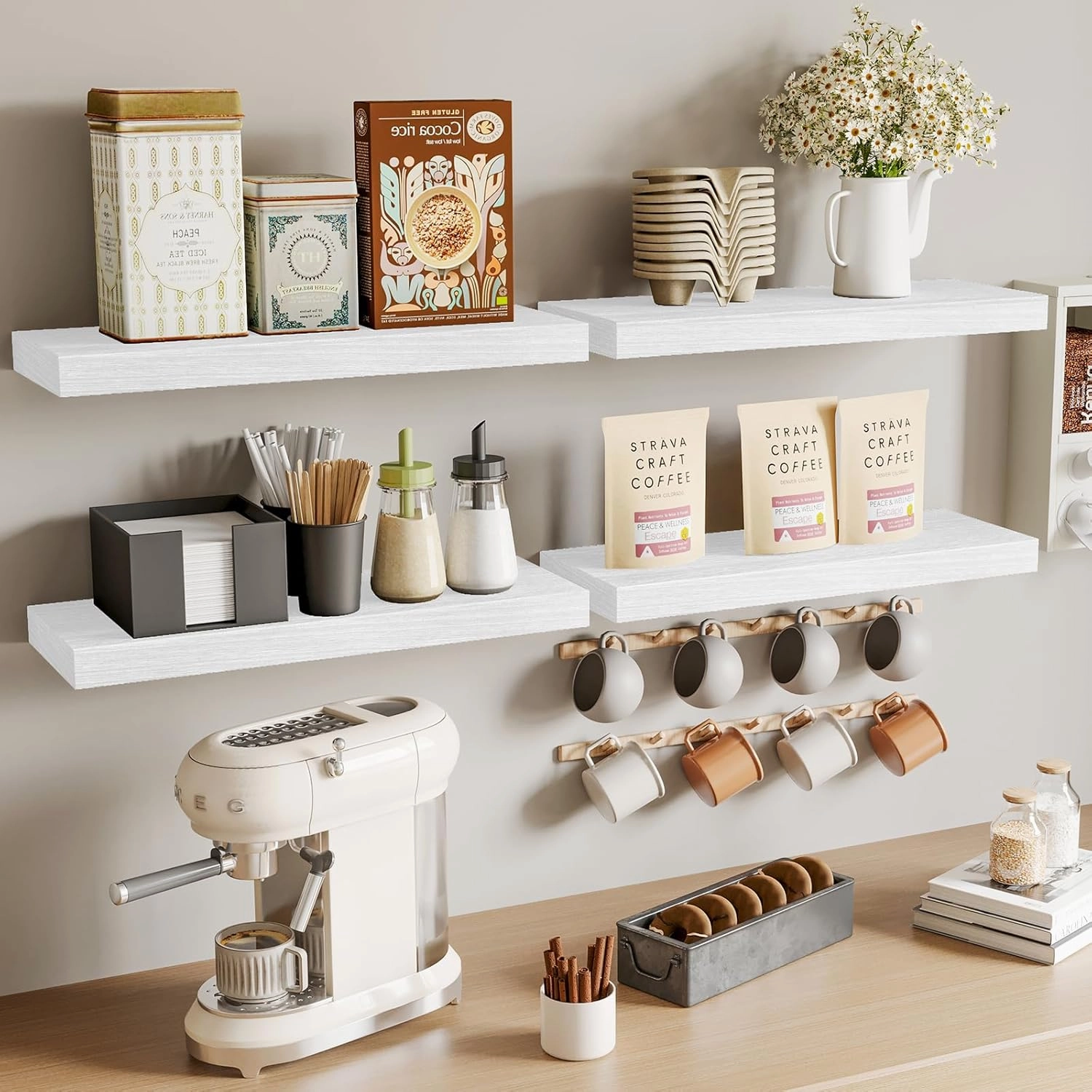 Fixwal 15.8in Floating Shelves, Rustic Wood Finish Wall Shelves Set of 4, Shelves for Wall Decor, with Invisible Brackets for Bathroom, Living Room,Bedroom and Kitchen(White)