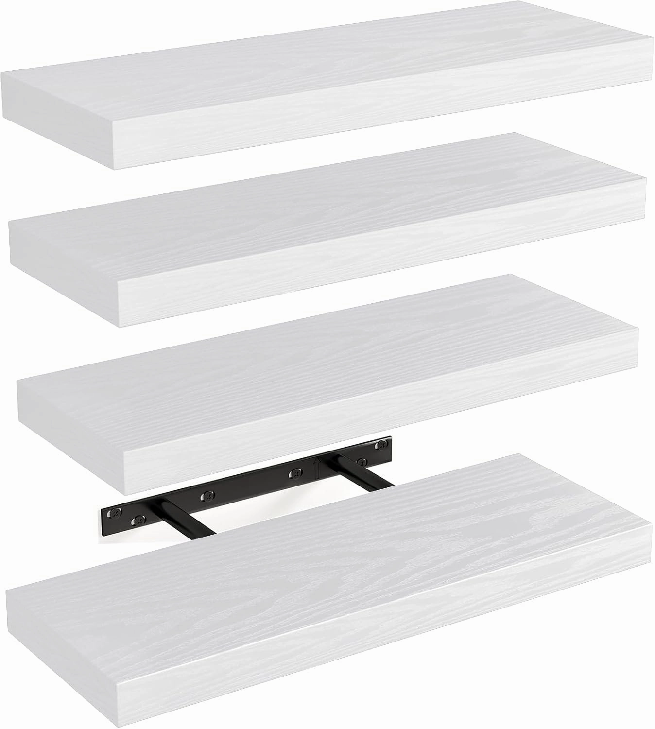 Fixwal 15.8in Floating Shelves, Rustic Wood Finish Wall Shelves Set of 4, Shelves for Wall Decor, with Invisible Brackets for Bathroom, Living Room,Bedroom and Kitchen(White) speaker wall mount,audio bracket,AV wall mounting,