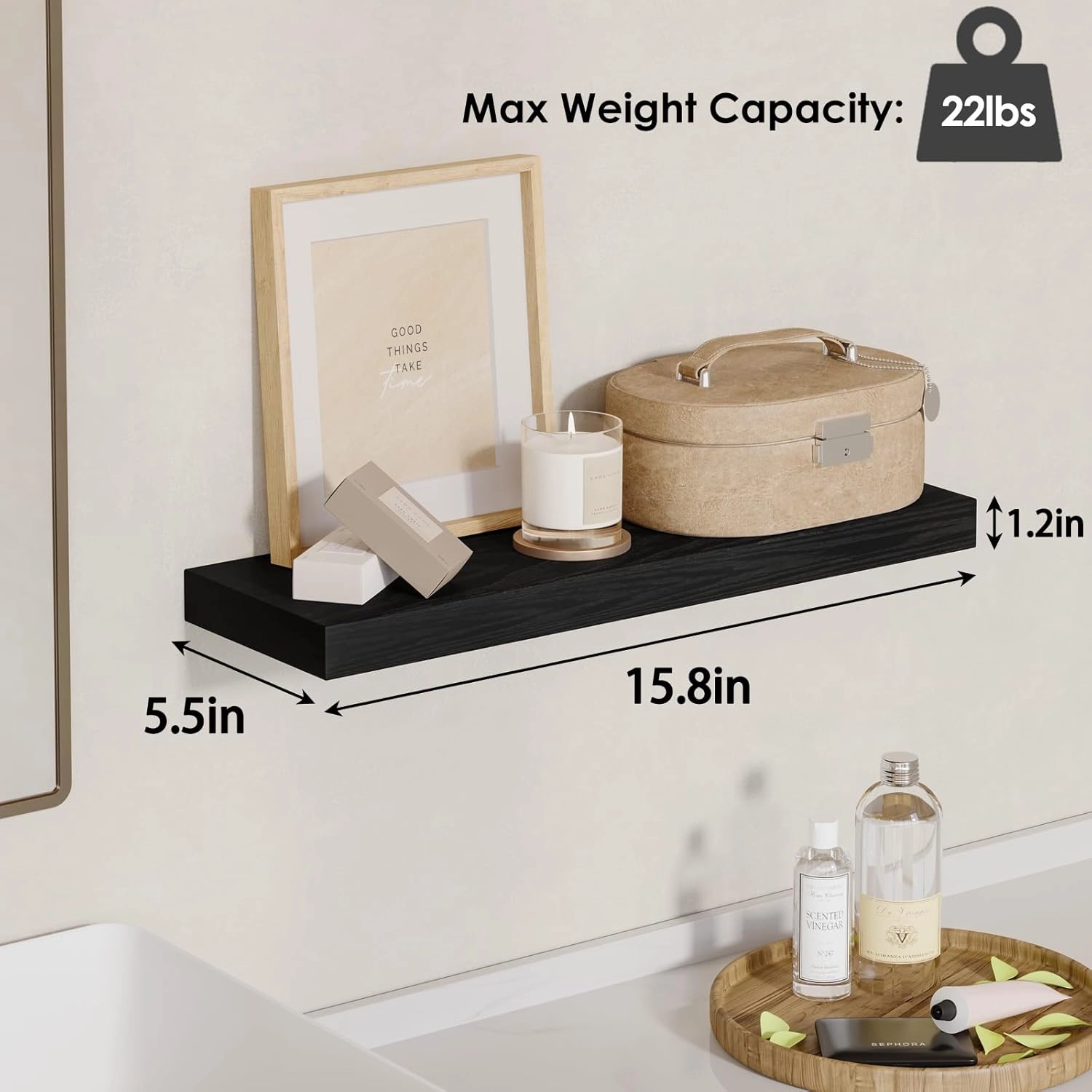 Fixwal Floating Shelves for Wall, Wall Mounted Rustic Wood Shelves for Bathroom, Living Room, Bedroom and Kitchen, Wall Shelves for Storage,Books,Room Decor (Black, Set of 4, 15.8 Inch)