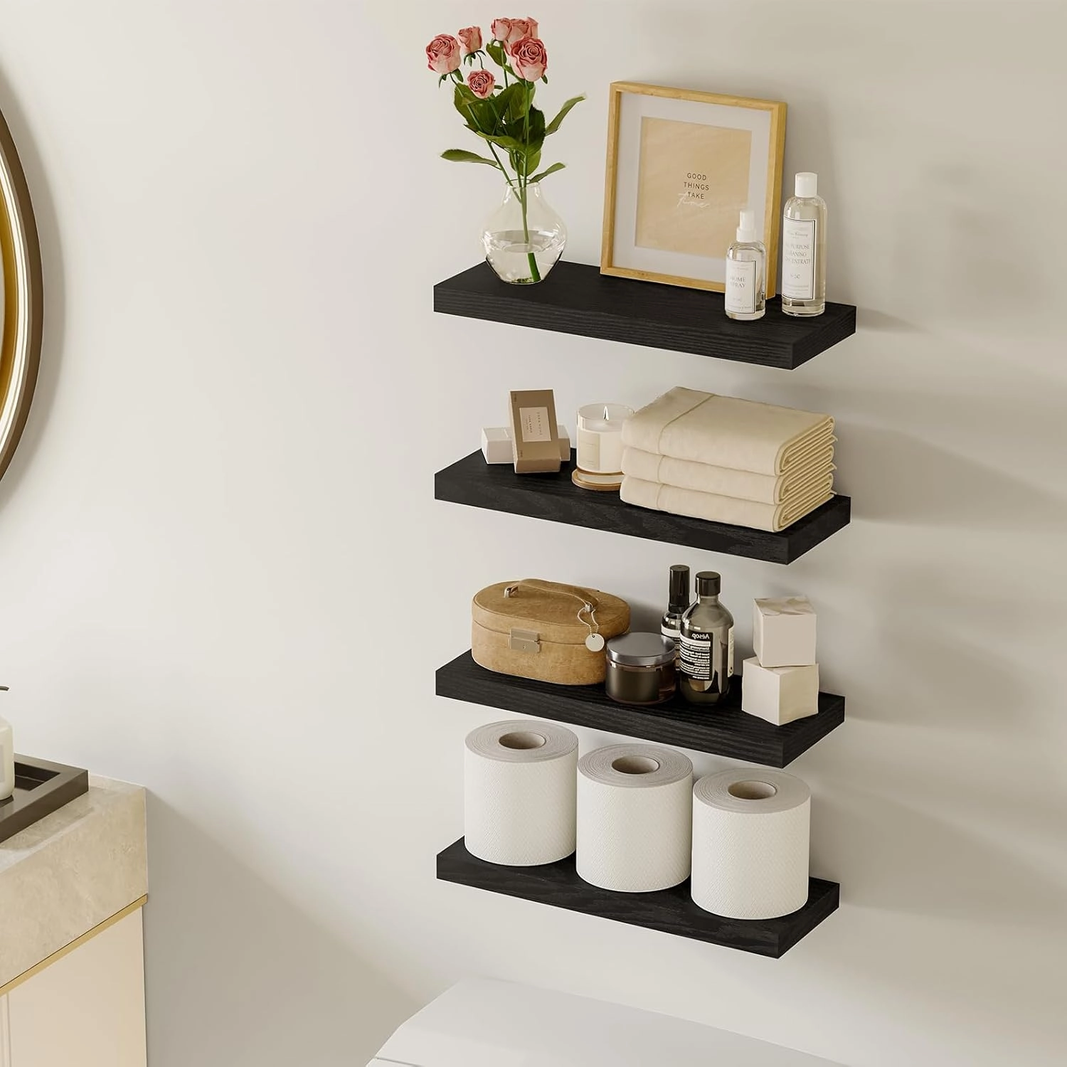 Fixwal Floating Shelves for Wall, Wall Mounted Rustic Wood Shelves for Bathroom, Living Room, Bedroom and Kitchen, Wall Shelves for Storage,Books,Room Decor (Black, Set of 4, 15.8 Inch)