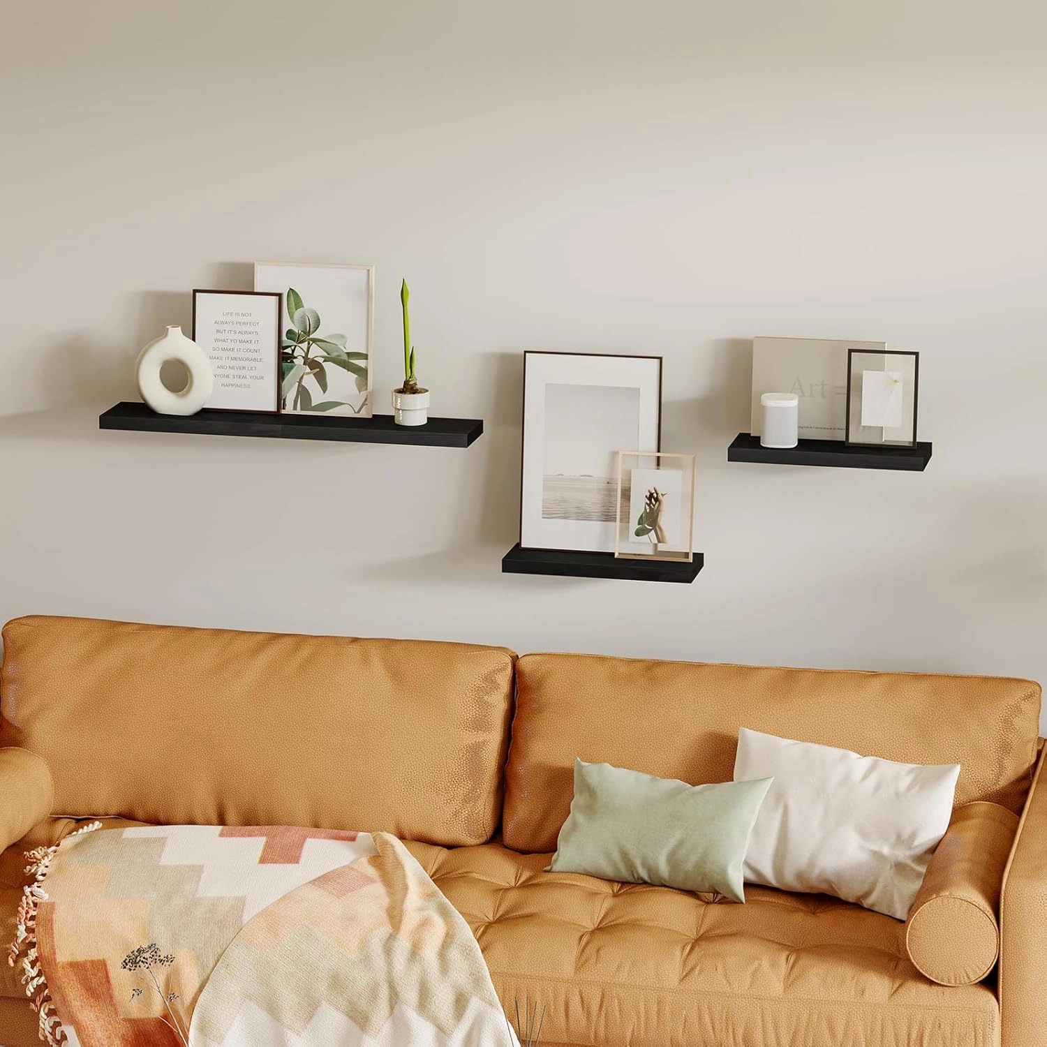 Fixwal Floating Shelves for Wall, Wall Mounted Rustic Wood Shelves for Bathroom, Living Room, Bedroom and Kitchen, Wall Shelves for Storage,Books,Room Decor (Black, Set of 4, 15.8 Inch)