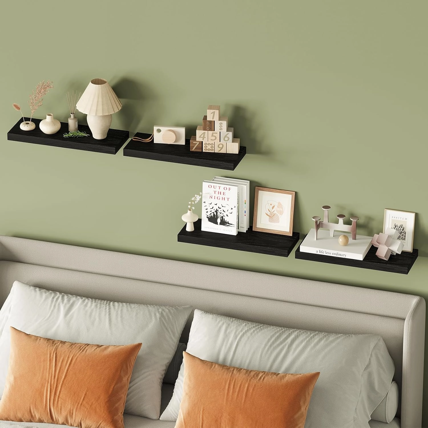 Fixwal Floating Shelves for Wall, Wall Mounted Rustic Wood Shelves for Bathroom, Living Room, Bedroom and Kitchen, Wall Shelves for Storage,Books,Room Decor (Black, Set of 4, 15.8 Inch)