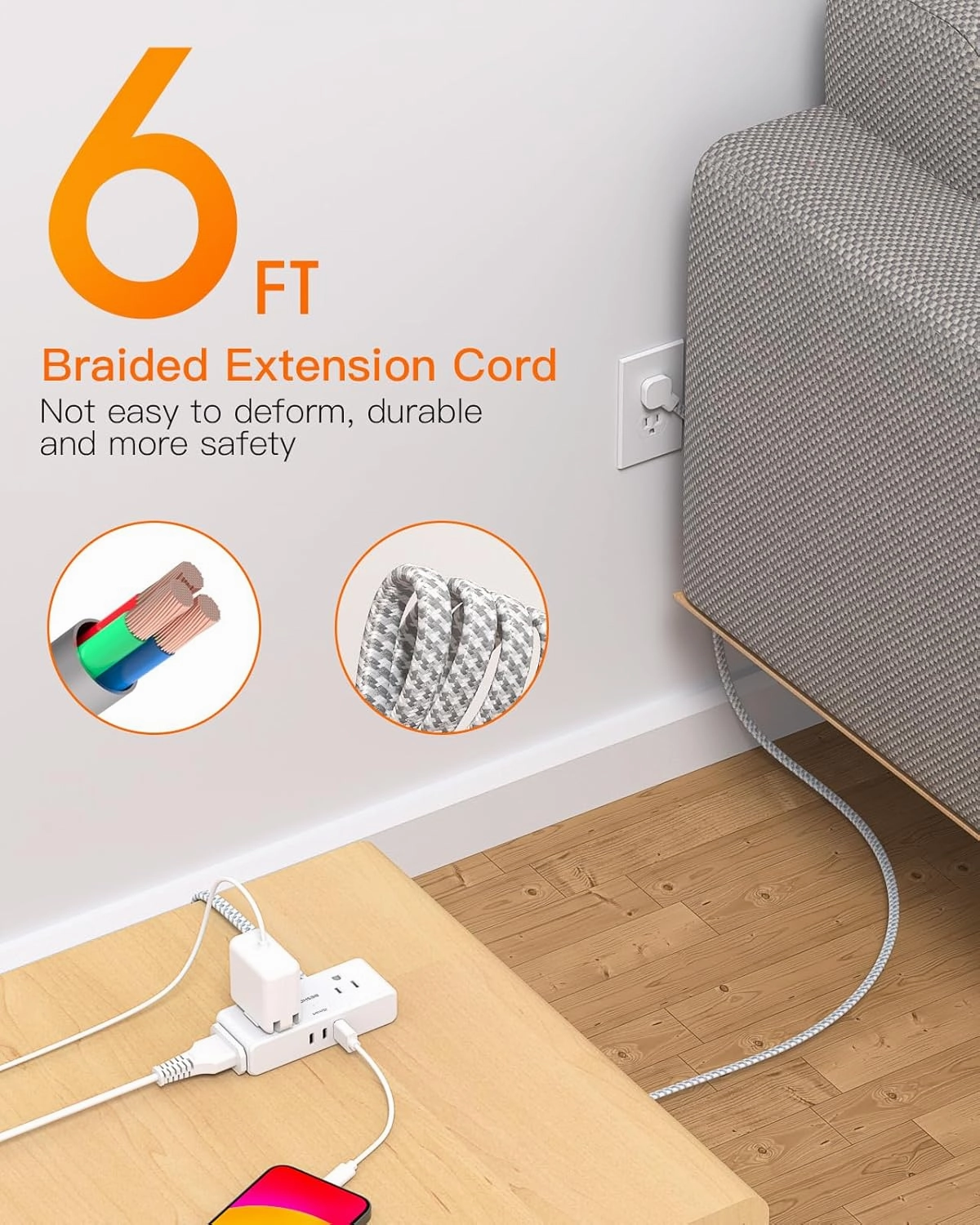 Flat Extension Cord 6 feet, Flat Plug Power Strip, 4 Widely Outlets with 3 USB Ports (2 USB C), 3 Side Outlet Extender with Extension Cord with Multiple Outlets for Home, Office, Dorm Room Essentials