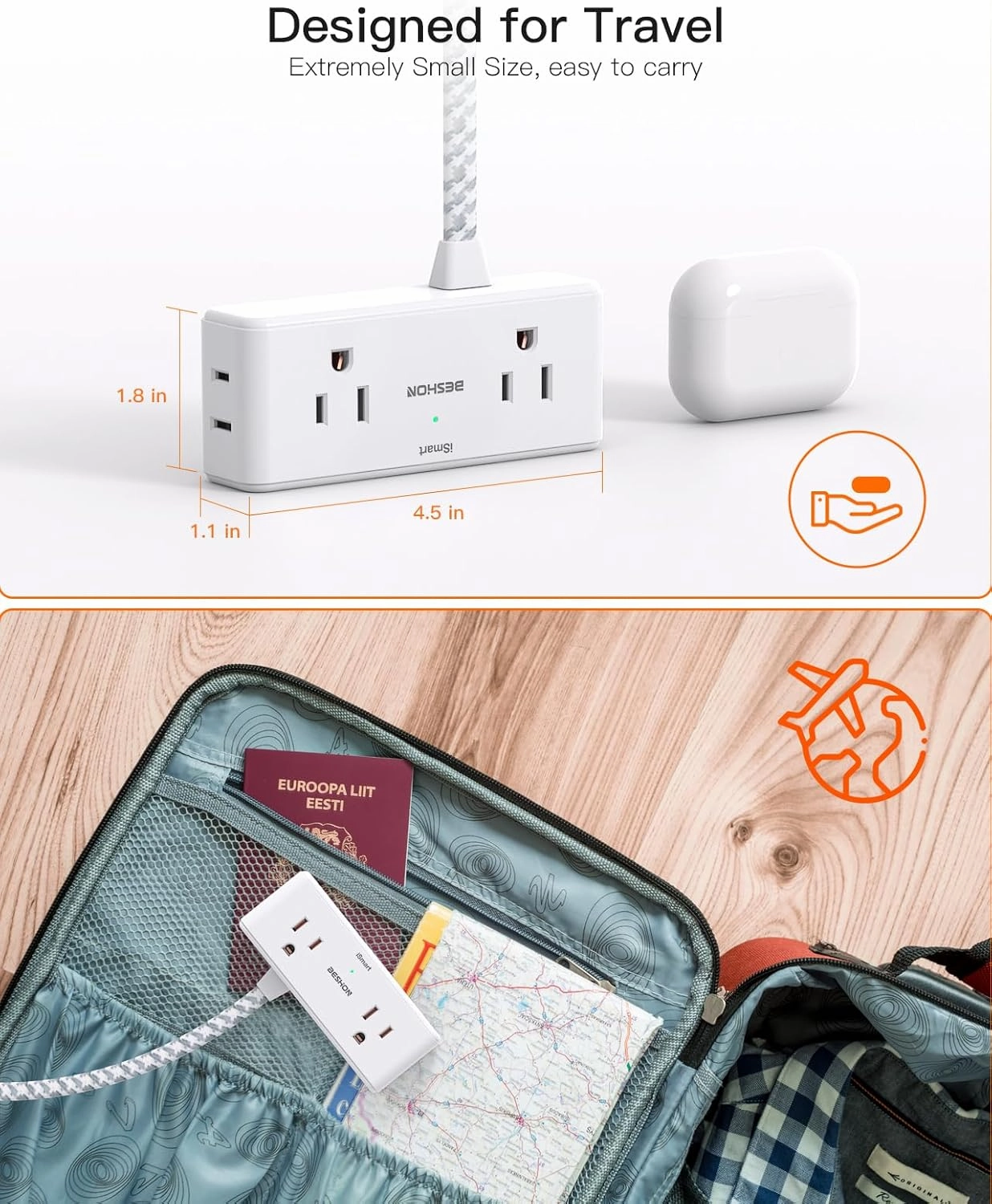 Flat Extension Cord 6 feet, Flat Plug Power Strip, 4 Widely Outlets with 3 USB Ports (2 USB C), 3 Side Outlet Extender with Extension Cord with Multiple Outlets for Home, Office, Dorm Room Essentials