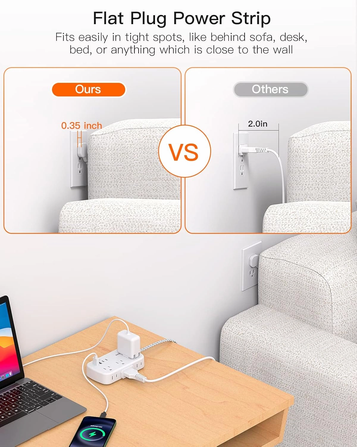 Flat Extension Cord, BESHON 5FT Flat Plug Power Strip with USB C, 6 Outlets 4 USB Port(2 USB C), No Surge Protector, Cruise Ship, Dorm Room Travel Essentials