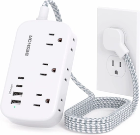 Flat Extension Cord, BESHON 5FT Flat Plug Power Strip with USB C, 6 Outlets 4 USB Port(2 USB C), No Surge Protector, Cruise Ship, Dorm Room Travel Essentials power cord,hi-fi power cable,AC power lead,