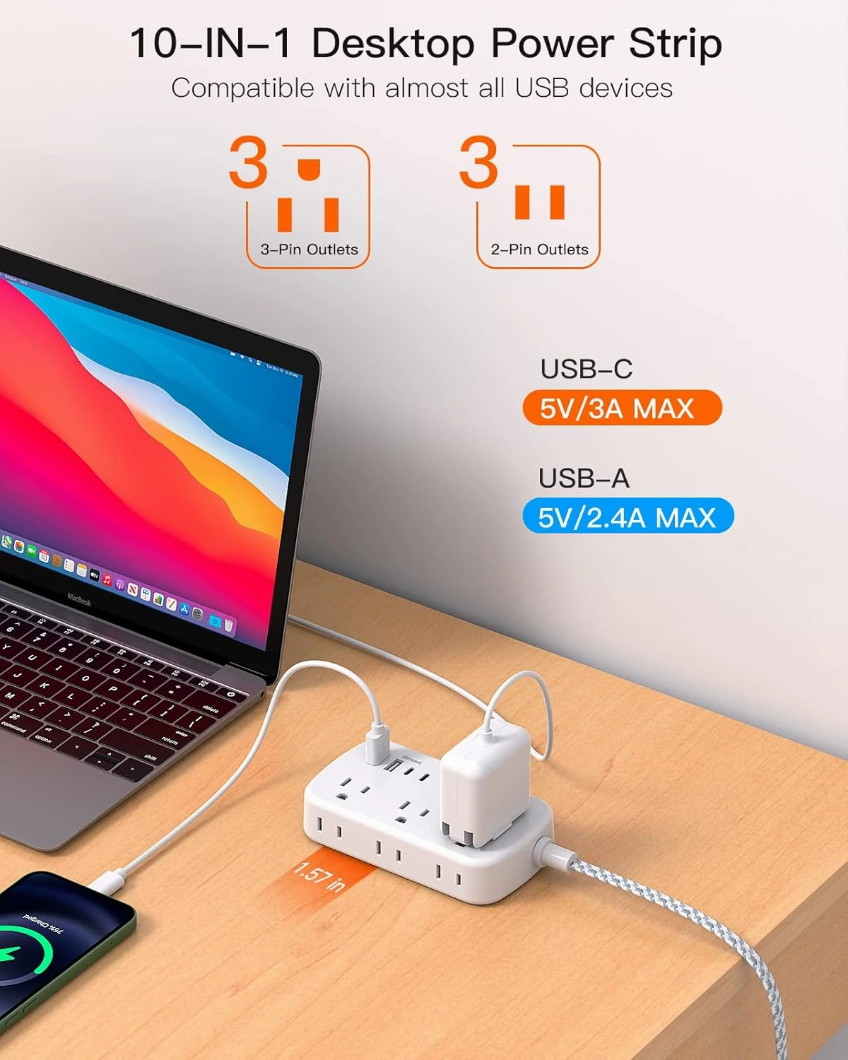 Flat Extension Cord, BESHON 5FT Flat Plug Power Strip with USB C, 6 Outlets 4 USB Port(2 USB C), No Surge Protector, Cruise Ship, Dorm Room Travel Essentials