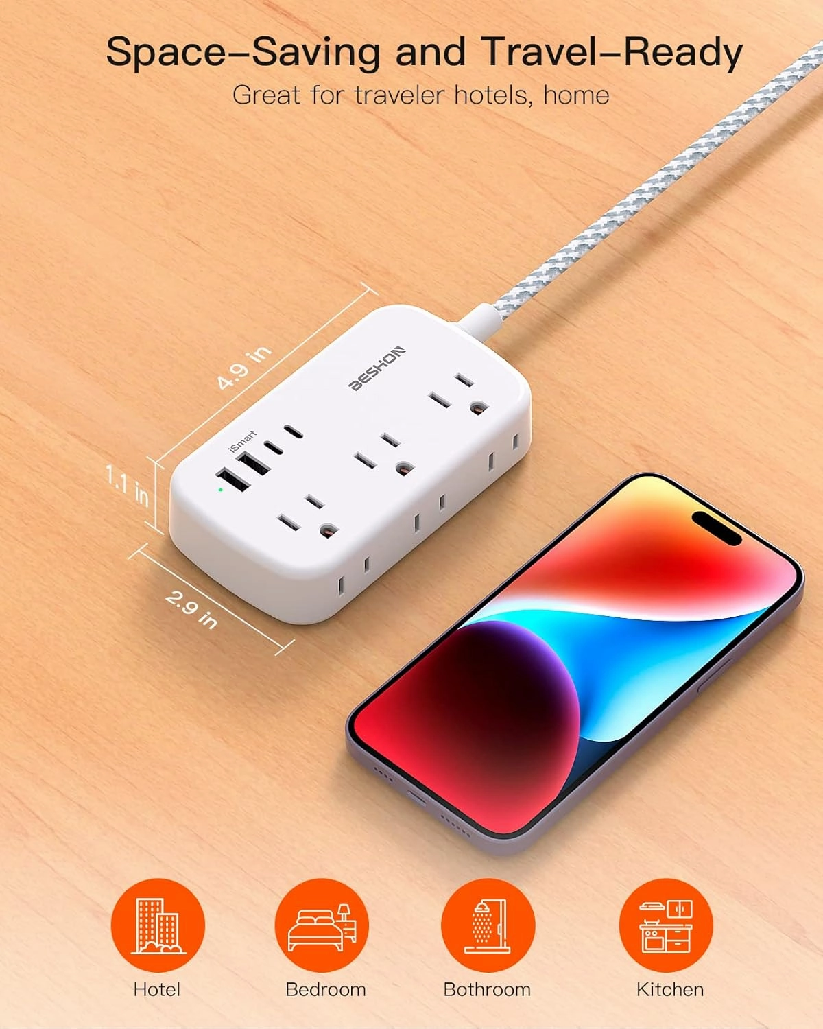 Flat Extension Cord, BESHON 5FT Flat Plug Power Strip with USB C, 6 Outlets 4 USB Port(2 USB C), No Surge Protector, Cruise Ship, Dorm Room Travel Essentials