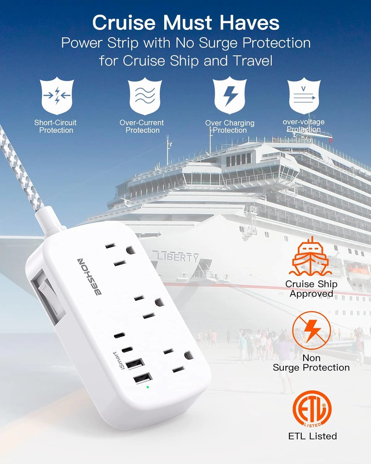 Flat Extension Cord, BESHON 5FT Flat Plug Power Strip with USB C, 6 Outlets 4 USB Port(2 USB C), No Surge Protector, Cruise Ship, Dorm Room Travel Essentials