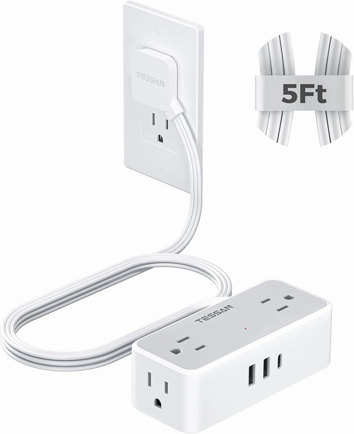 Flat Plug Extension Cord 5 FT, TESSAN Surge Protector Power Strip with 4 AC Outlets 1 USB C and 2 USB A Ports, 900 Joules Protection, Multiple Wall Outlet Extender Suitable for Home Office Dorm power cord,hi-fi power cable,AC power lead,