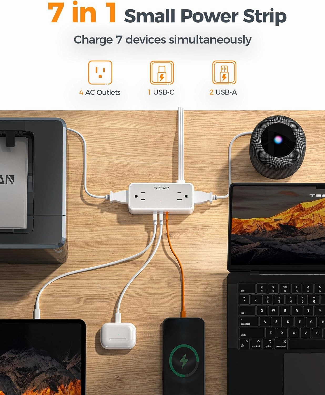 Flat Plug Extension Cord 5 FT, TESSAN Surge Protector Power Strip with 4 AC Outlets 1 USB C and 2 USB A Ports, 900 Joules Protection, Multiple Wall Outlet Extender Suitable for Home Office Dorm