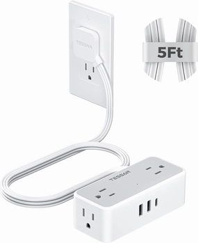 Flat Plug Extension Cord 5 FT, TESSAN Surge Protector Power Strip with 4 AC Outlets 1 USB C and 2 USB A Ports, 900 Joules Protection, Multiple Wall Outlet Extender Suitable for Home Office Dorm power cord,hi-fi power cable,AC power lead,