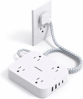 Flat Plug Extension Cord, HANYCONY 5ft Power Strip with 4 USB Ports(2 USB C), 4 Widely Outlets Extender, Wall Mount, Desk Charging Station for Office School Travel Dorm Room Essentials, ETL Listed power cord,hi-fi power cable,AC power lead,