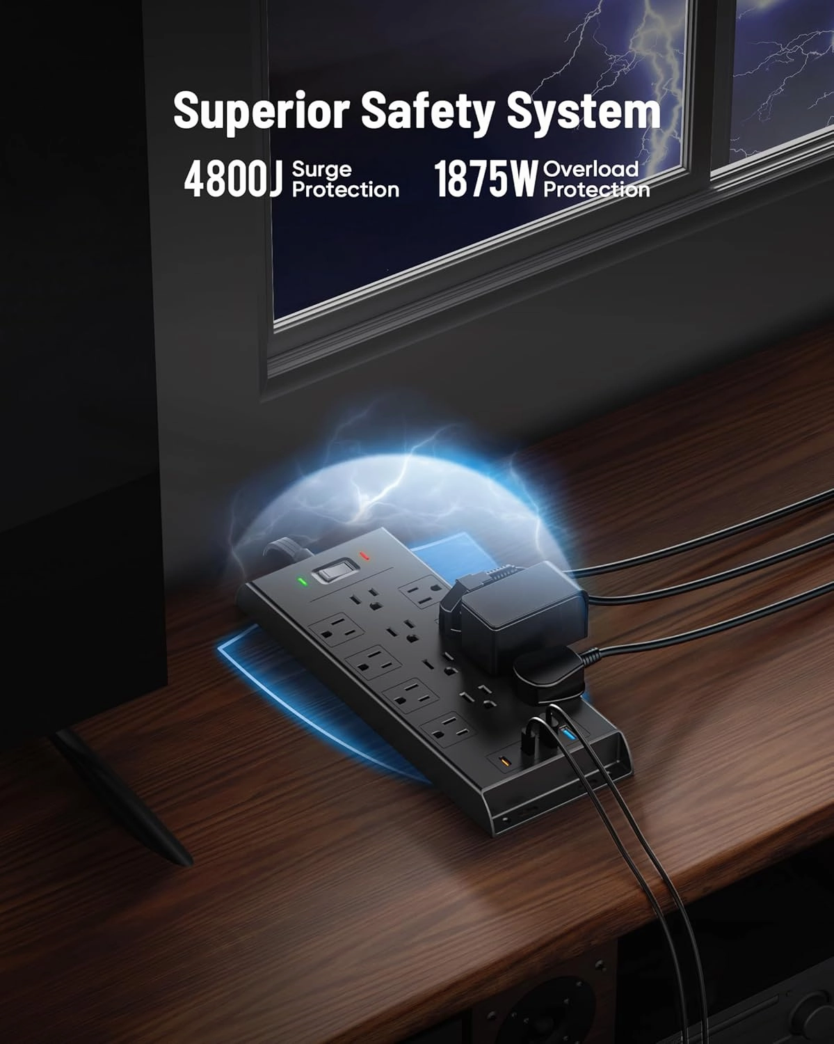 Flat Plug Power Strip 10Ft Long Extension Cord, LeZone 4800J Surge Protector, 12 Outlets 2 USB C 2 USB Ports, Wall Mountable, PD20W Desk Charging Station, Black