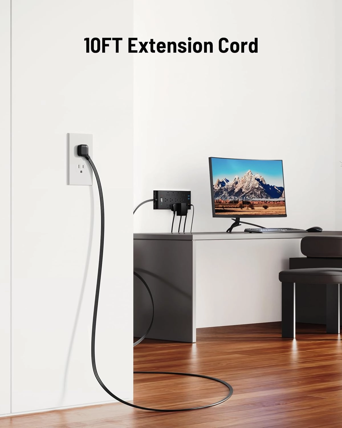 Flat Plug Power Strip 10Ft Long Extension Cord, LeZone 4800J Surge Protector, 12 Outlets 2 USB C 2 USB Ports, Wall Mountable, PD20W Desk Charging Station, Black