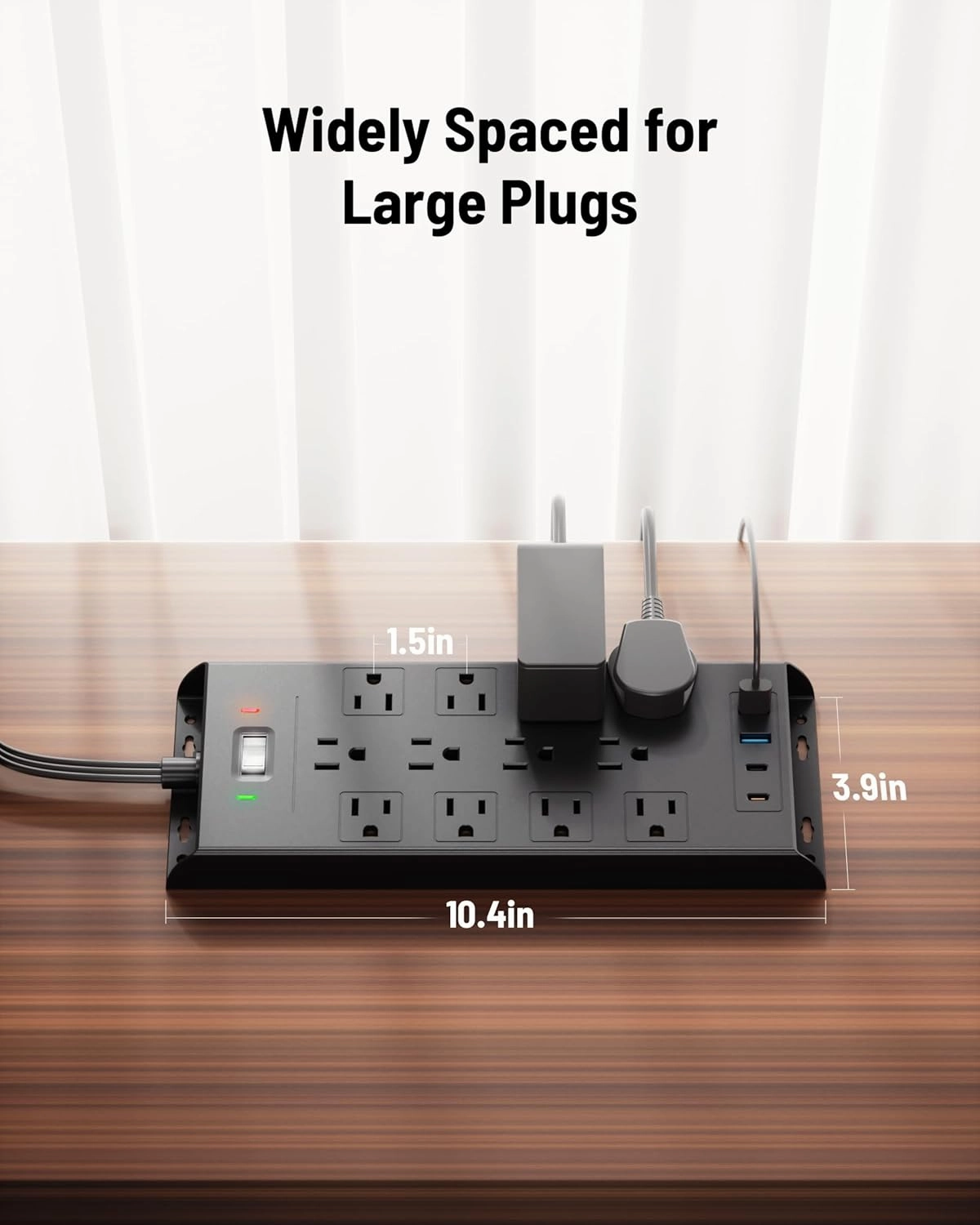Flat Plug Power Strip 10Ft Long Extension Cord, LeZone 4800J Surge Protector, 12 Outlets 2 USB C 2 USB Ports, Wall Mountable, PD20W Desk Charging Station, Black