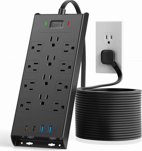 Flat Plug Power Strip 10Ft Long Extension Cord, LeZone 4800J Surge Protector, 12 Outlets 2 USB C 2 USB Ports, Wall Mountable, PD20W Desk Charging Station, Black power cord,hi-fi power cable,AC power lead,