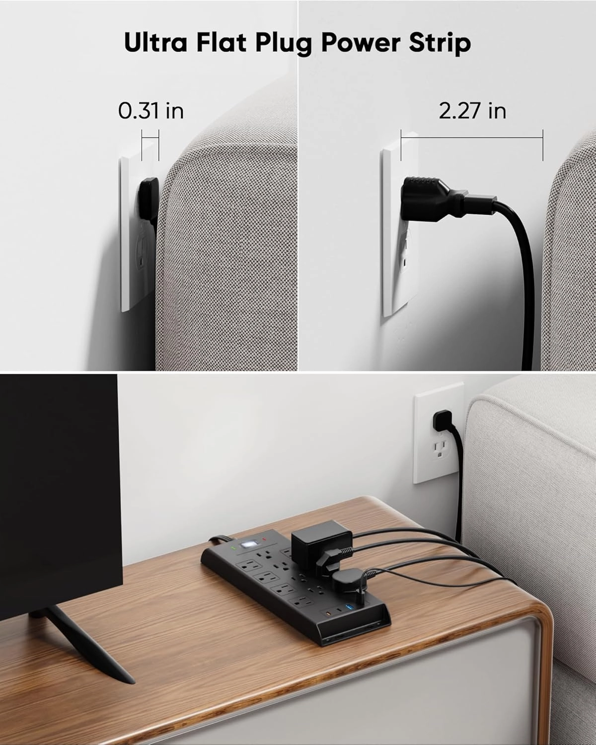 Flat Plug Power Strip 10Ft Long Extension Cord, LeZone 4800J Surge Protector, 12 Outlets 2 USB C 2 USB Ports, Wall Mountable, PD20W Desk Charging Station, Black