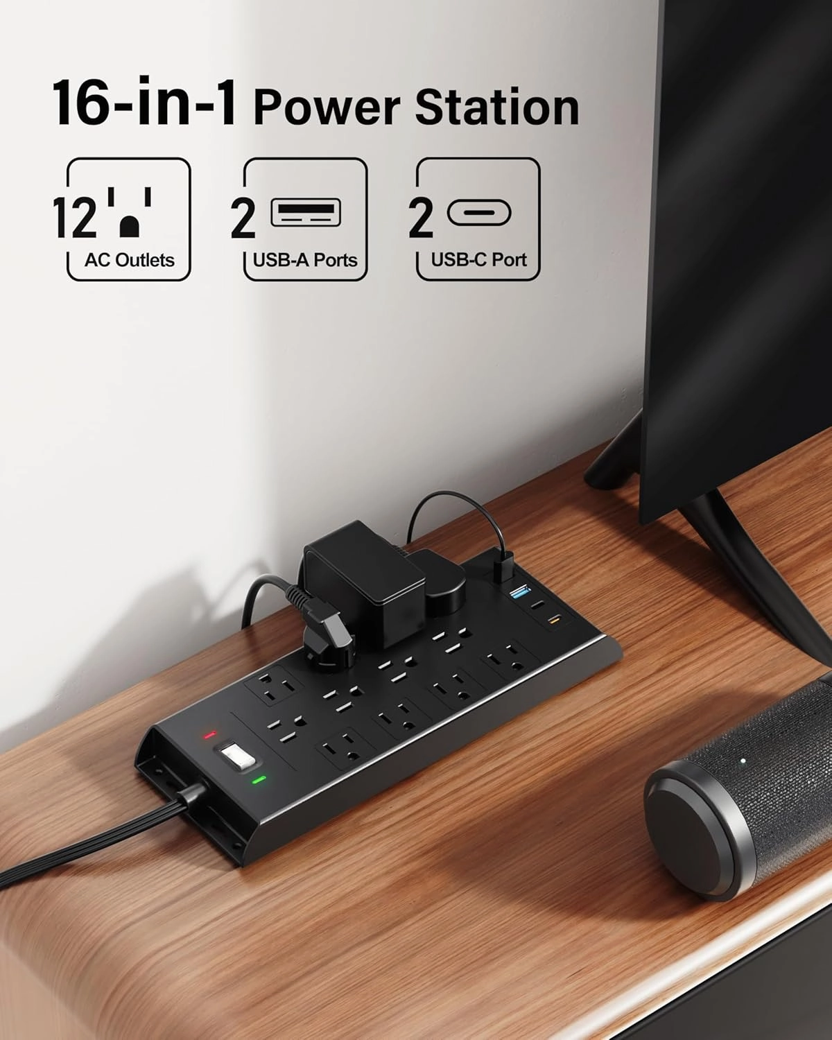 Flat Plug Power Strip 10Ft Long Extension Cord, LeZone 4800J Surge Protector, 12 Outlets 2 USB C 2 USB Ports, Wall Mountable, PD20W Desk Charging Station, Black