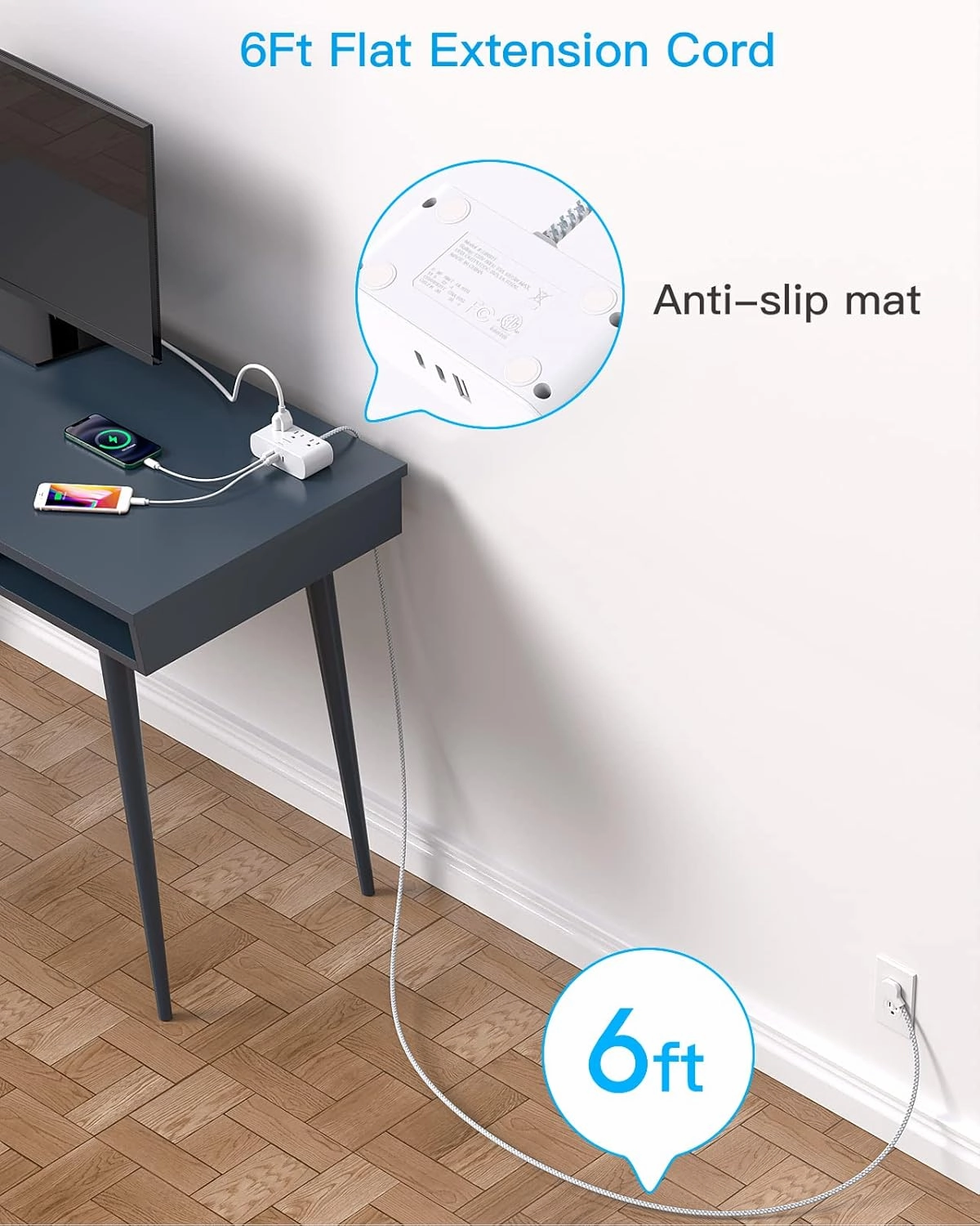 Flat Plug Power Strip 6 Ft, HANYCONY Ultra Thin Flat Extension Cord, 3 Outlets 3 USB Ports(2 USB C) Multi Plug Outlet Extender with No Surge Protector for Cruise Ship, Travel, Dorm Room Essentials