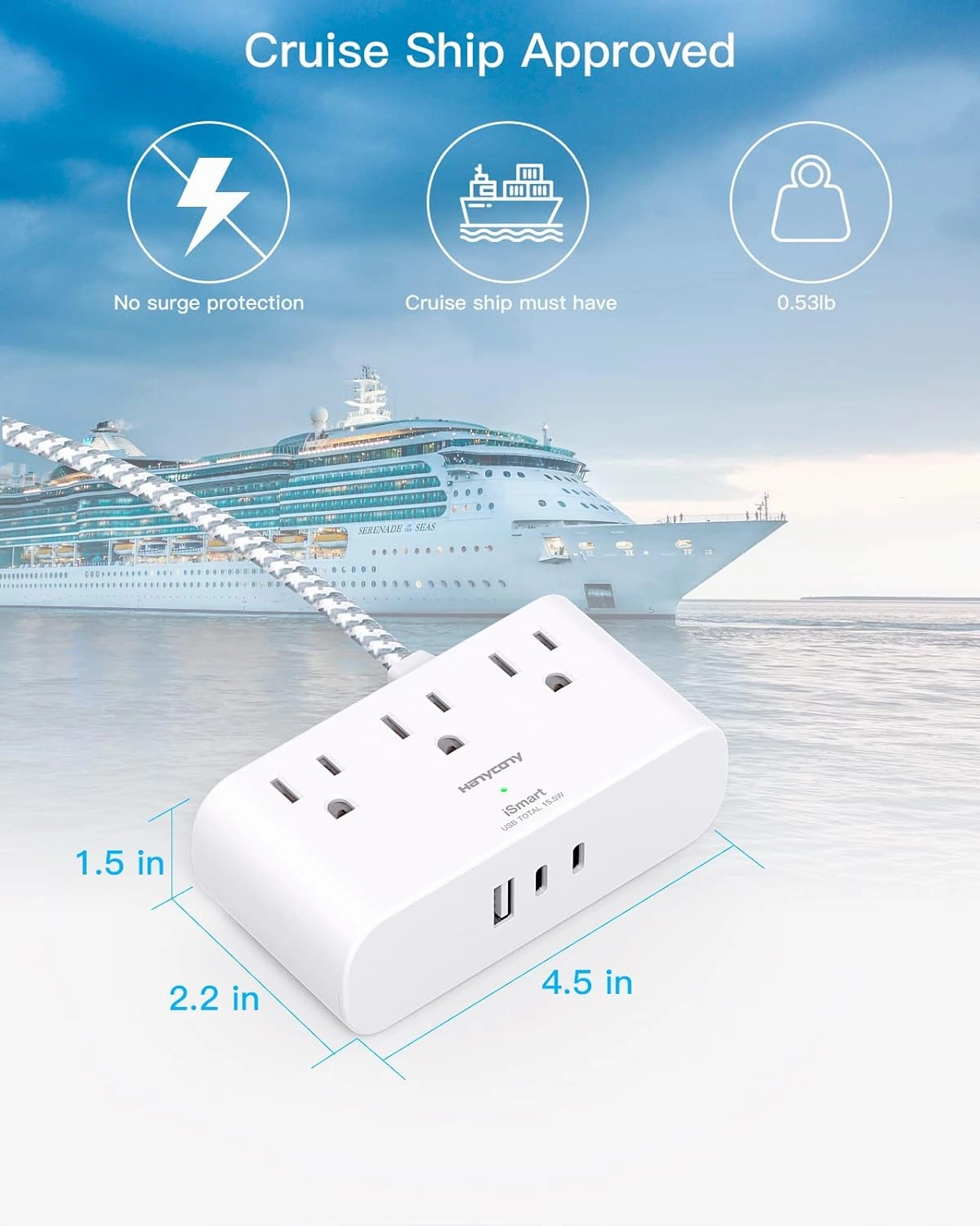Flat Plug Power Strip 6 Ft, HANYCONY Ultra Thin Flat Extension Cord, 3 Outlets 3 USB Ports(2 USB C) Multi Plug Outlet Extender with No Surge Protector for Cruise Ship, Travel, Dorm Room Essentials