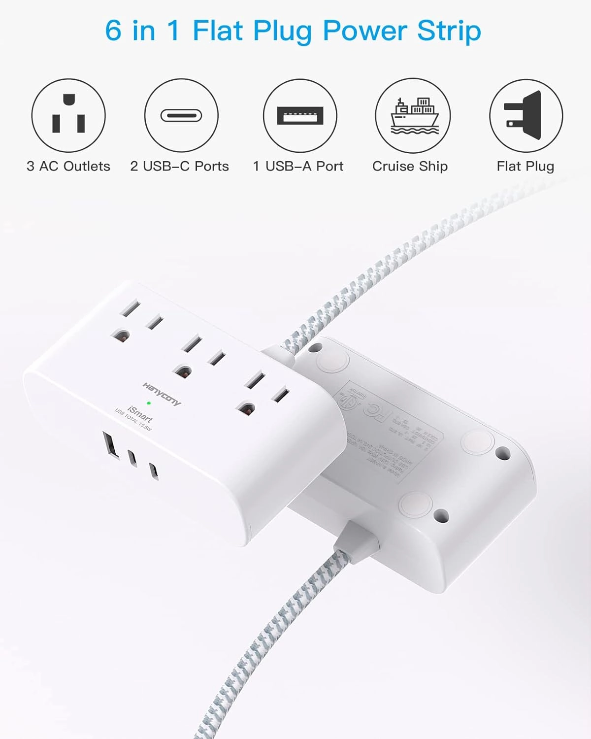 Flat Plug Power Strip 6 Ft, HANYCONY Ultra Thin Flat Extension Cord, 3 Outlets 3 USB Ports(2 USB C) Multi Plug Outlet Extender with No Surge Protector for Cruise Ship, Travel, Dorm Room Essentials