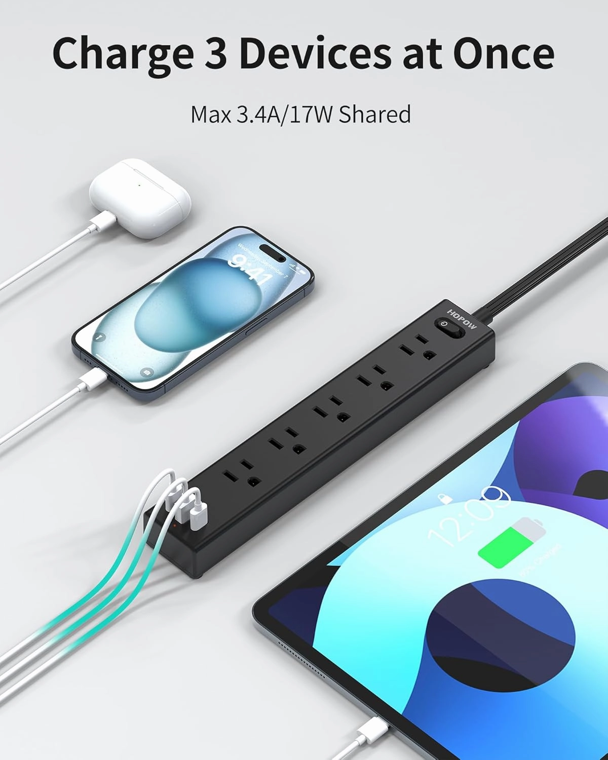 Flat Plug Power Strip, 6 Ft Ultra Thin Extension Cord, Surge Protector with 5 Outlets & 3 USB Ports (2 USB C), 1700 Joules, Wall Mount, Desktop Charging Station for Home Office Dorm, Black